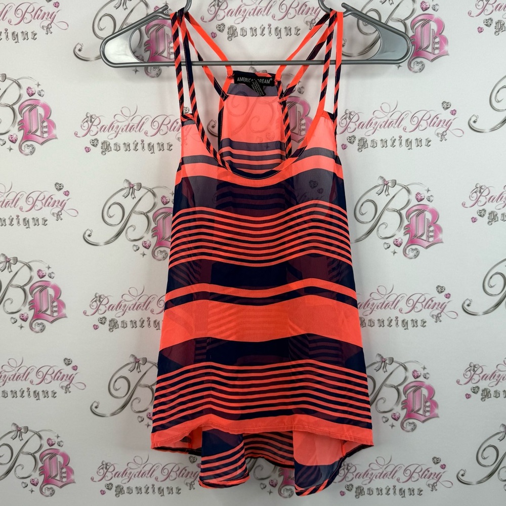 American Dream tank top neon orange and Navy Top striped strappy sheer